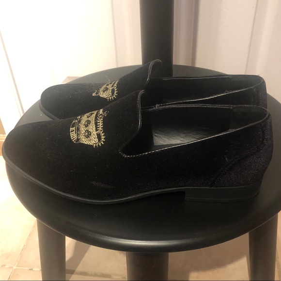 ASOS Black and Gold Crown Velvet Loafers Men 9 - Picture 3 of 4